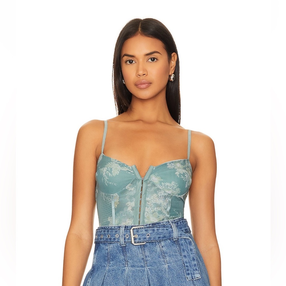 Free People Night Rhythm Corset Bodysuit in Sage Combo Small NEW